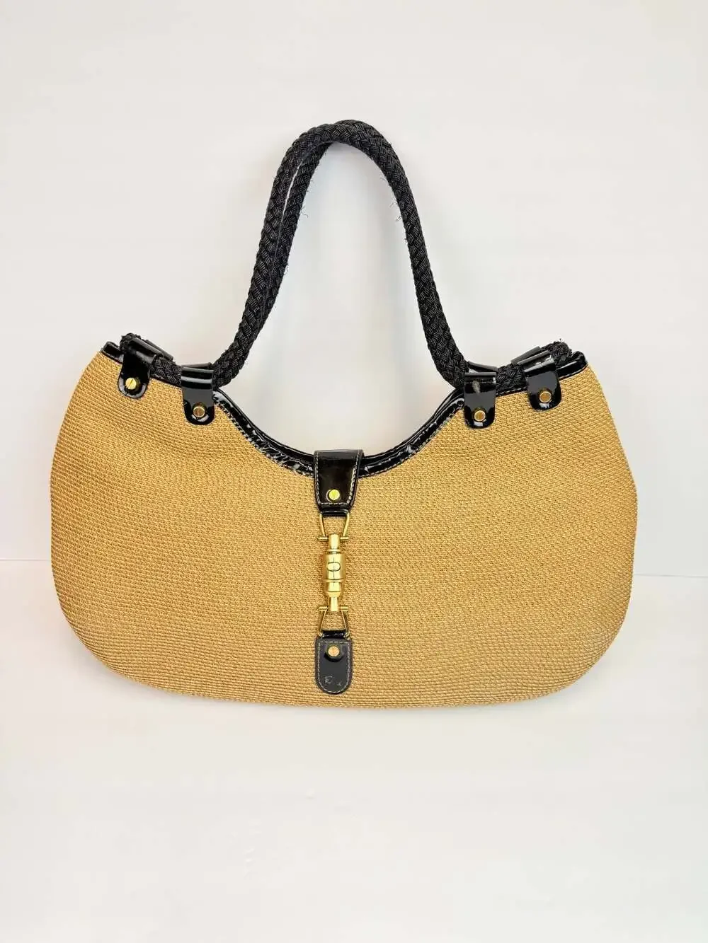 Eric Javits Squishee Straw Hobo Bag with Black Patent Trim - Picture 2 of 8